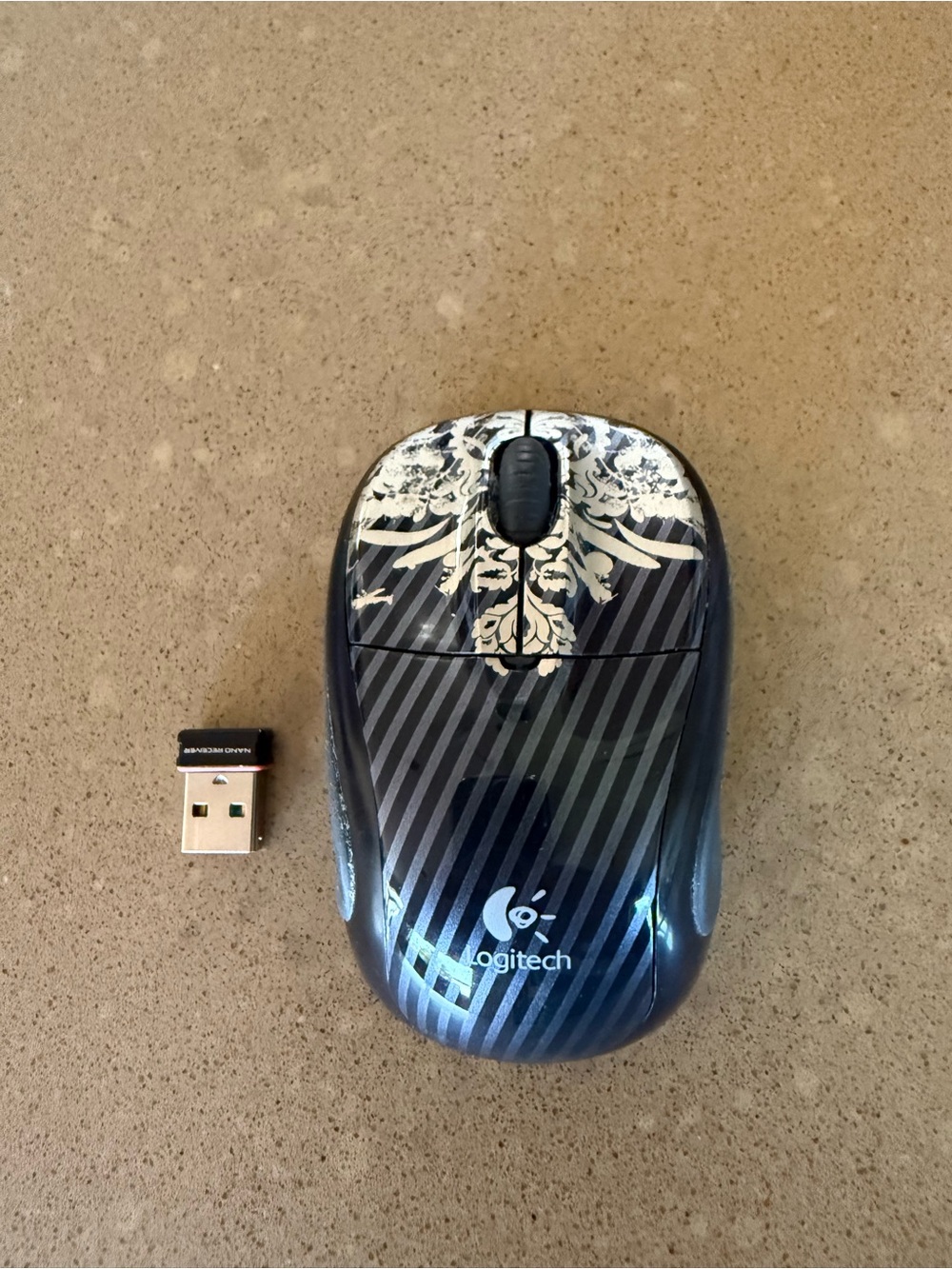 Logitech Black Wireless Optical Mouse with Cream Decorative Pattern